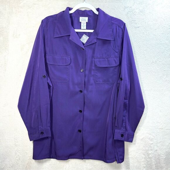 Only Necessities Purple Button Front Blouse Roll Tab Sleeve Career Business 20W - Picture 1 of 6